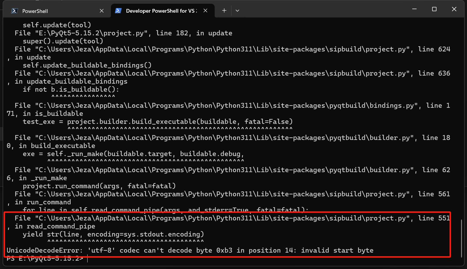 构建PyQt5时的解码错误